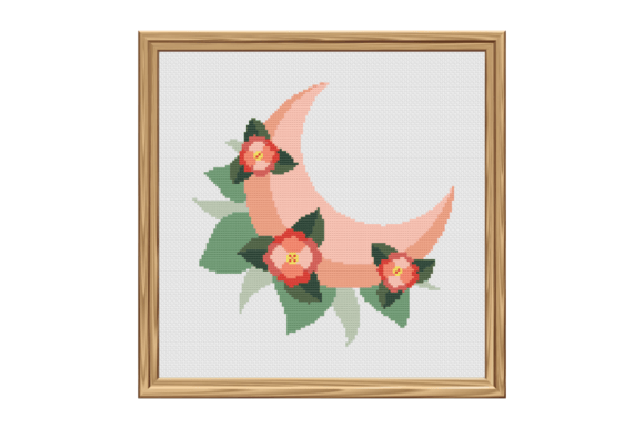 Pink Crescent Moon Roses Cross Stitch